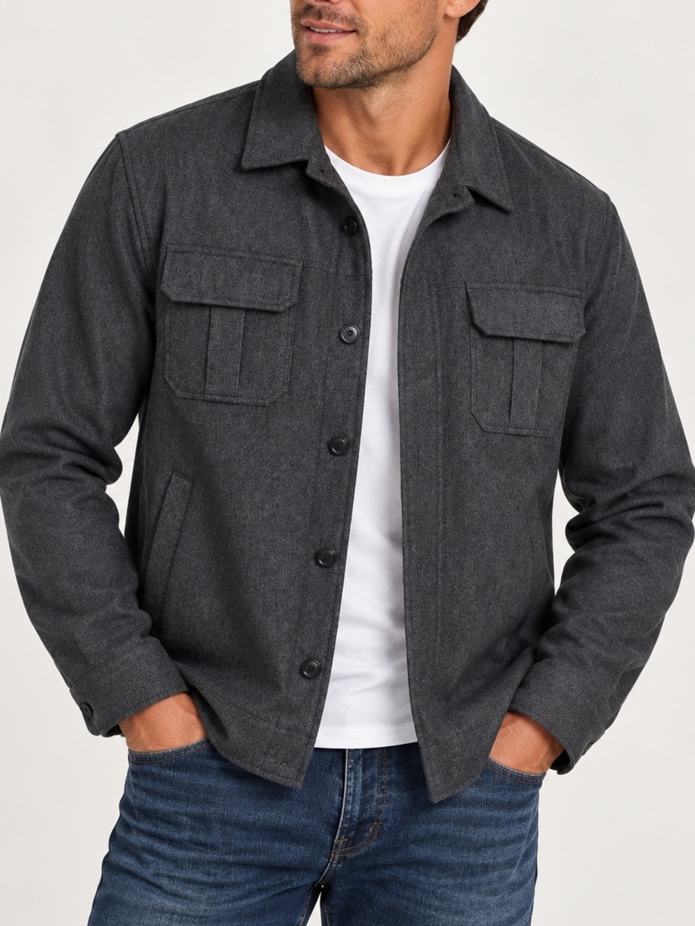 21MEN Men’s Wool Blend Shirt Jacket Charcoal Gray Lined Shacket Size L NWOT